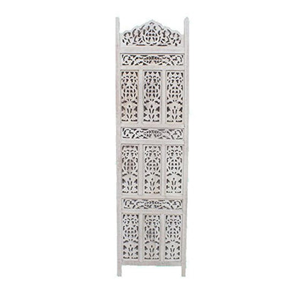 Aesthetically Carved 4 Panel Wooden Partition Screen/Room Divider, Distressed White