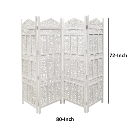 Aesthetically Carved 4 Panel Wooden Partition Screen/Room Divider, Distressed White