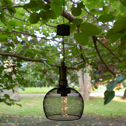 Alpine Corporation 10 Tall Hanging Solar Powered Outdoor Mesh Lantern with LED Lights, Black
