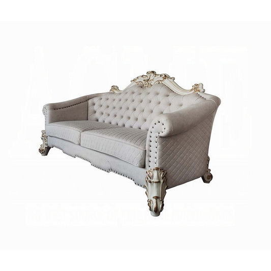 Canapé Antoine, 6 coussins, tissu capitonné ivoire, blanc perle, 226 cm