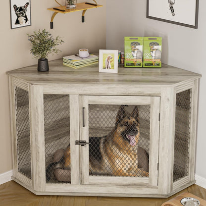 BOSSIN Corner Dog Crate Furniture,44/52 inch Wooden Dog Kennel Furniture with Mesh,Decorative Wood Dog House for Indoor use