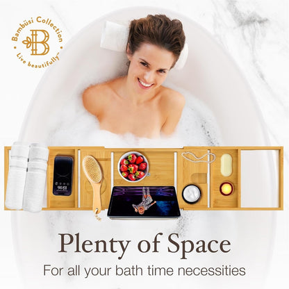 Bamboo Bathtub Tray for Tub - Expandable Bath Tray, Book & Tablet Holder - Bath Table, Tub Tray, Bathtub Caddy, Foldable Design