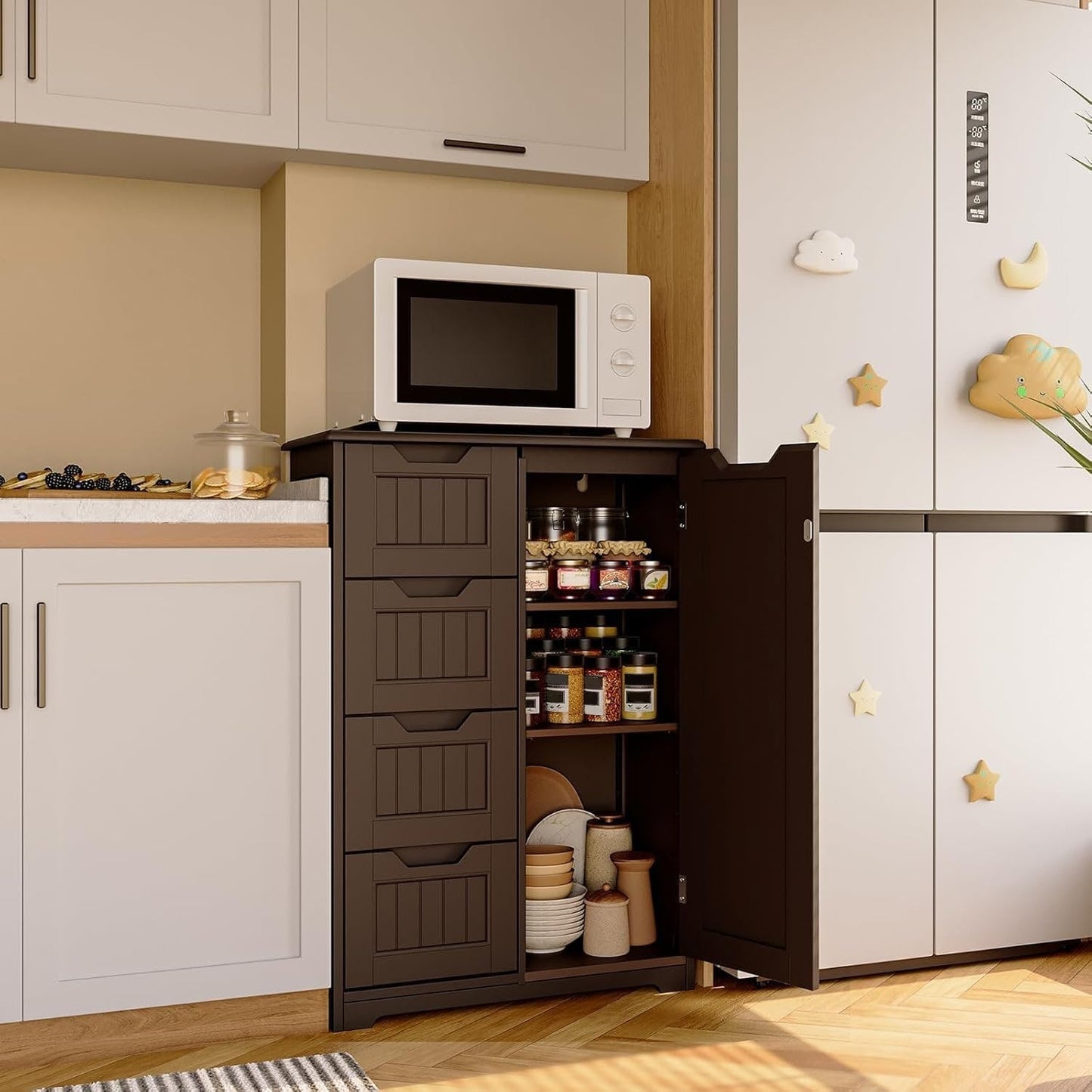 Bathroom Floor Storage Cabinet, Free-Standing Floor Storage Cabinet with 4 Draws and Adjustable Shelf