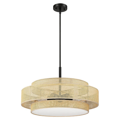 Bayou 5-Light Black Coastal Drum Chandelier with Double Rattan Shade - 24''W