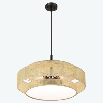 Bayou 5-Light Black Coastal Drum Chandelier with Double Rattan Shade - 24''W