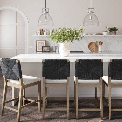 Beacon Bohemian Boucle Bar Stool, Upholstered Counter Height Chair with Solid Wood Frame and Woven Seagrass Back