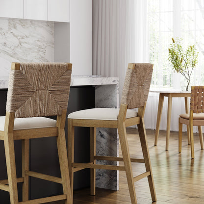 Beacon Bohemian Boucle Bar Stool, Upholstered Counter Height Chair with Solid Wood Frame and Woven Seagrass Back