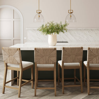 Beacon Bohemian Boucle Bar Stool, Upholstered Counter Height Chair with Solid Wood Frame and Woven Seagrass Back