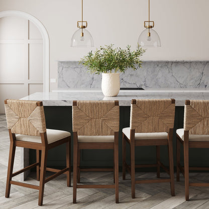 Beacon Bohemian Boucle Bar Stool, Upholstered Counter Height Chair with Solid Wood Frame and Woven Seagrass Back