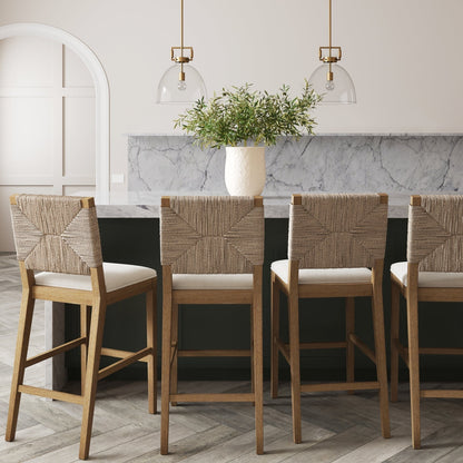 Beacon Bohemian Boucle Bar Stool, Upholstered Counter Height Chair with Solid Wood Frame and Woven Seagrass Back