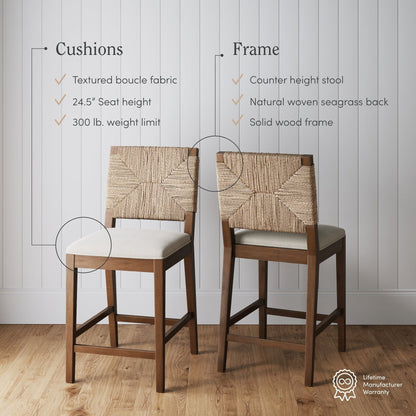 Beacon Bohemian Boucle Bar Stool, Upholstered Counter Height Chair with Solid Wood Frame and Woven Seagrass Back