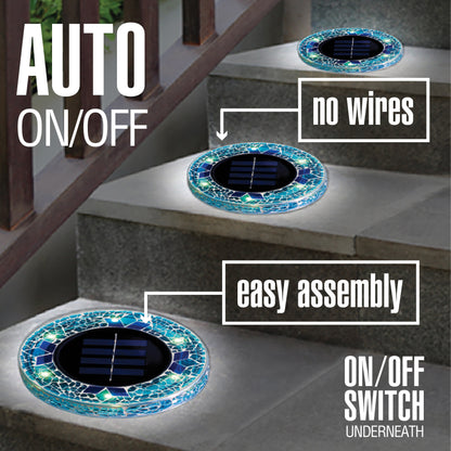 Bell + Howell 6 LED Round Blue Mosaic Solar Powered Disk Lights with Auto On/Off - 4 Pack