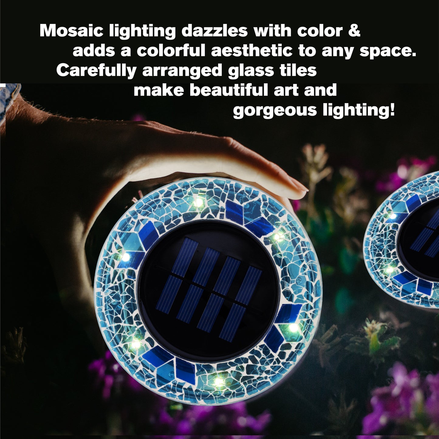 Bell + Howell 6 LED Round Blue Mosaic Solar Powered Disk Lights with Auto On/Off - 4 Pack