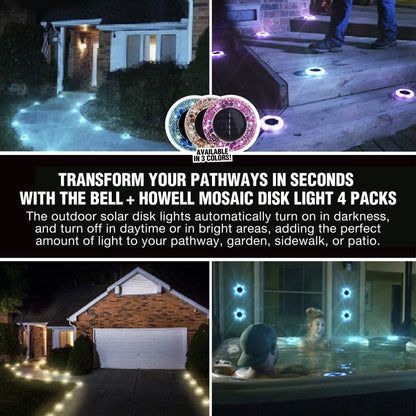 Bell + Howell 6 LED Round Blue Mosaic Solar Powered Disk Lights with Auto On/Off - 4 Pack