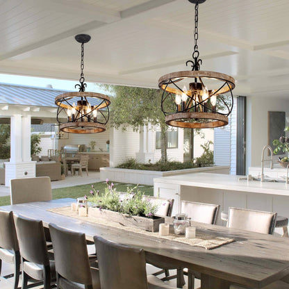 Bella Depot 5-Light Rustic Cage Wood Chandelier Dimmable Lighting, 15.7 Adjustable Farmhouse Pendant Light for Kitchen Island