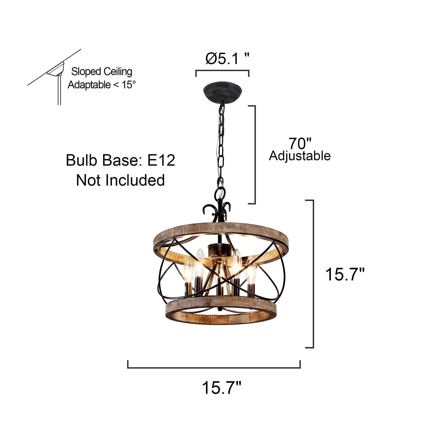 Bella Depot 5-Light Rustic Cage Wood Chandelier Dimmable Lighting, 15.7 Adjustable Farmhouse Pendant Light for Kitchen Island