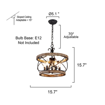 Bella Depot 5-Light Rustic Cage Wood Chandelier Dimmable Lighting, 15.7 Adjustable Farmhouse Pendant Light for Kitchen Island