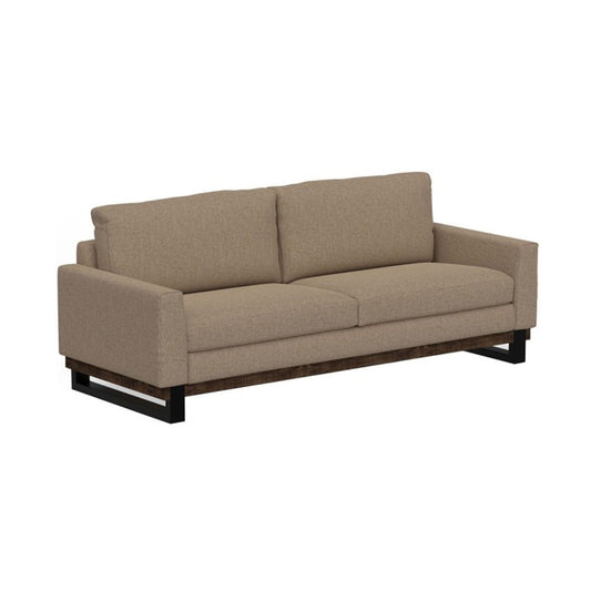 Canapé Bery, piètement moderne en pin massif, polyester doux marron camel