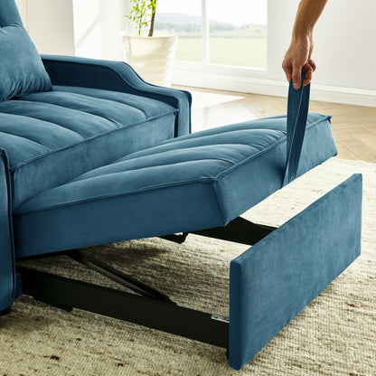 Canapé-lit simple convertible en velours bleu 35,5 avec lit gigogne, poche de rangement et oreillers