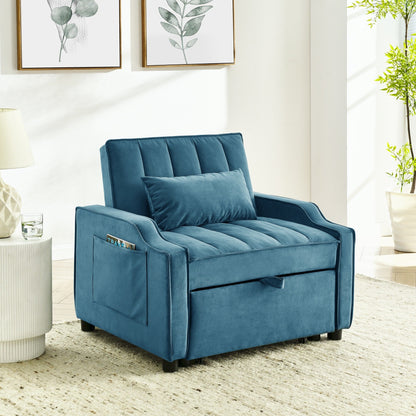 Canapé-lit simple convertible en velours bleu 35,5 avec lit gigogne, poche de rangement et oreillers