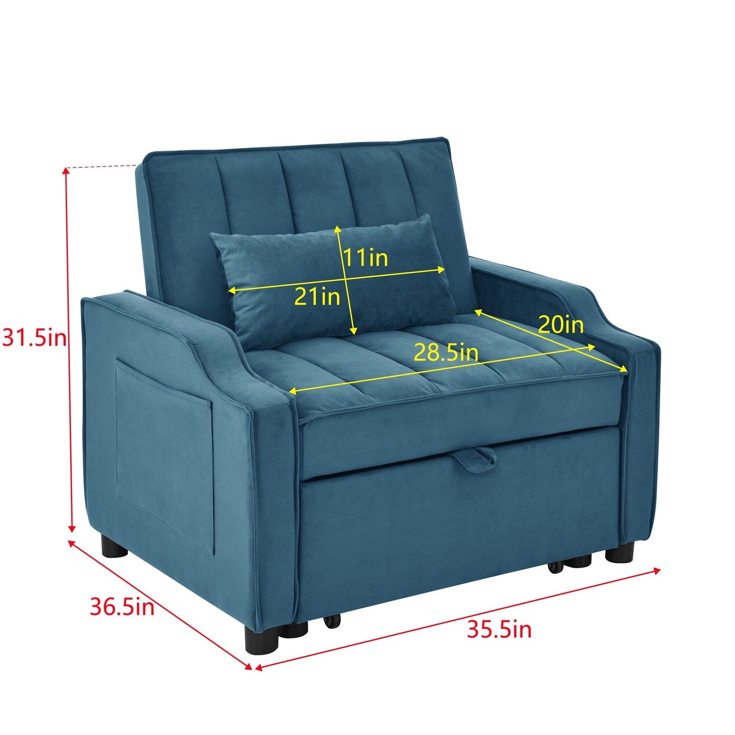 Canapé-lit simple convertible en velours bleu 35,5 avec lit gigogne, poche de rangement et oreillers