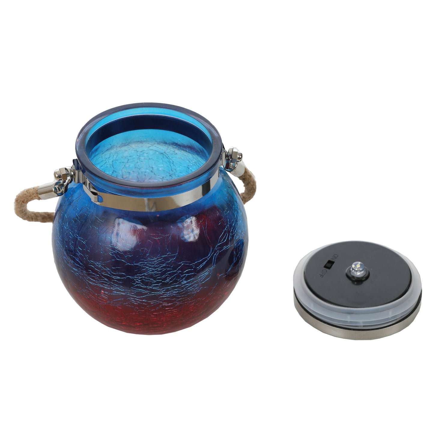 Blue and Red Crackle Glass Solar Outdoor Hanging and Table Lantern