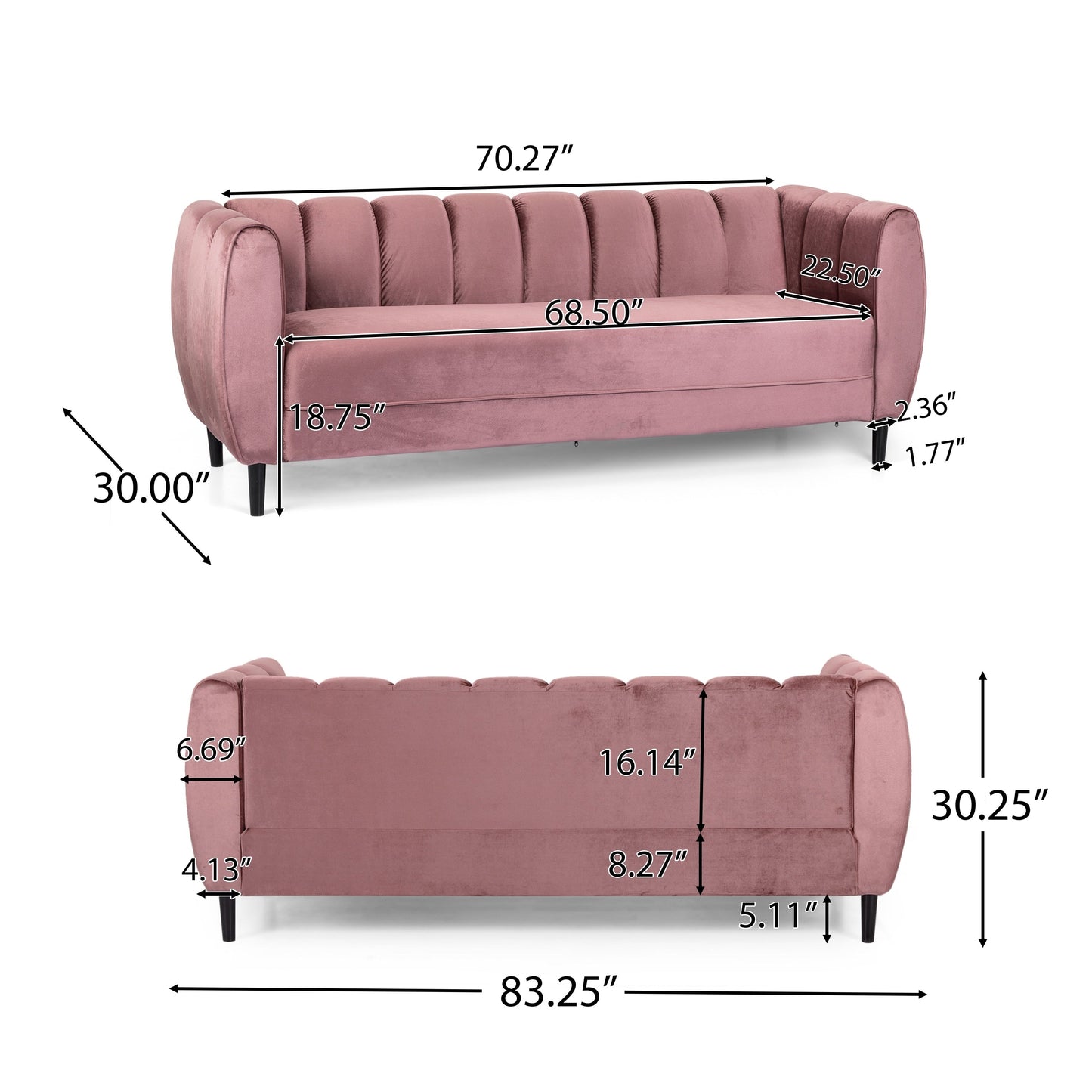 Canapé 3 places en velours moderne Bobran par Christopher Knight Home - 30,00 P x 83,25 L x 30,25 H