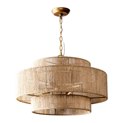 Bohemian Brown Hemp Rope Tiered Drum Chandelier Light - 23.62 W x 15.16H