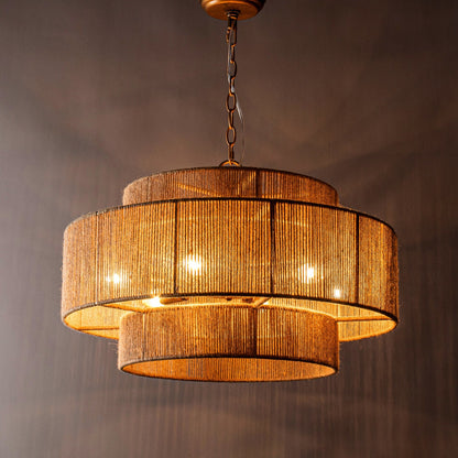 Bohemian Brown Hemp Rope Tiered Drum Chandelier Light - 23.62 W x 15.16H
