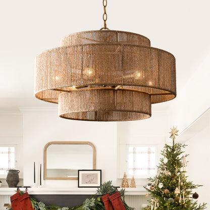 Bohemian Brown Hemp Rope Tiered Drum Chandelier Light - 23.62 W x 15.16H