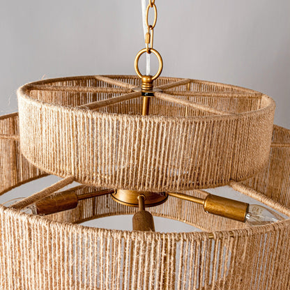 Bohemian Brown Hemp Rope Tiered Drum Chandelier Light - 23.62 W x 15.16H