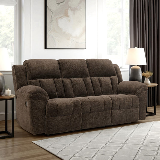 Canapé inclinable manuel Briar en polyester marron, accoudoirs coussinés, 230 cm