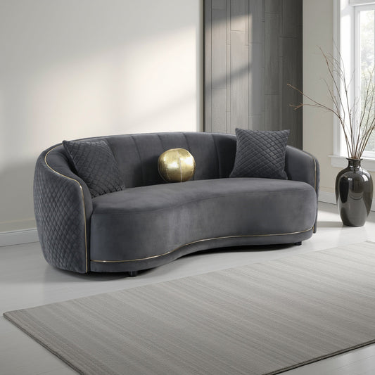 Canapé incurvé Buo, 92 pouces, polyester gris foncé, bordure dorée, 3 coussins