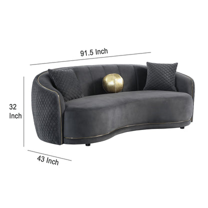 Canapé incurvé Buo, 92 pouces, polyester gris foncé, bordure dorée, 3 coussins