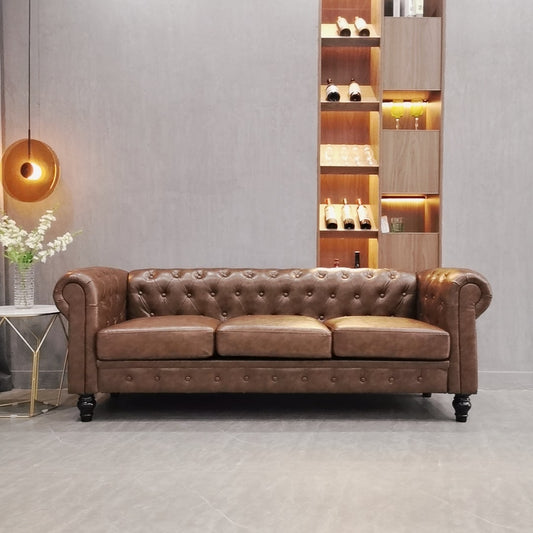 Canapé 3 places capitonné Chesterfield en cuir pour salon, avec accoudoirs roulés et 4 pieds en forme de gourde, marron