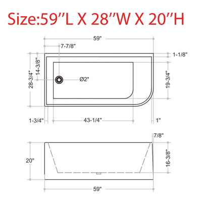 CB HOME 59''/67'' Freestanding Acrylic Soaking Bathtubs, Soaking Tubs Single Side Against The Wall, Left/Right Overflow
