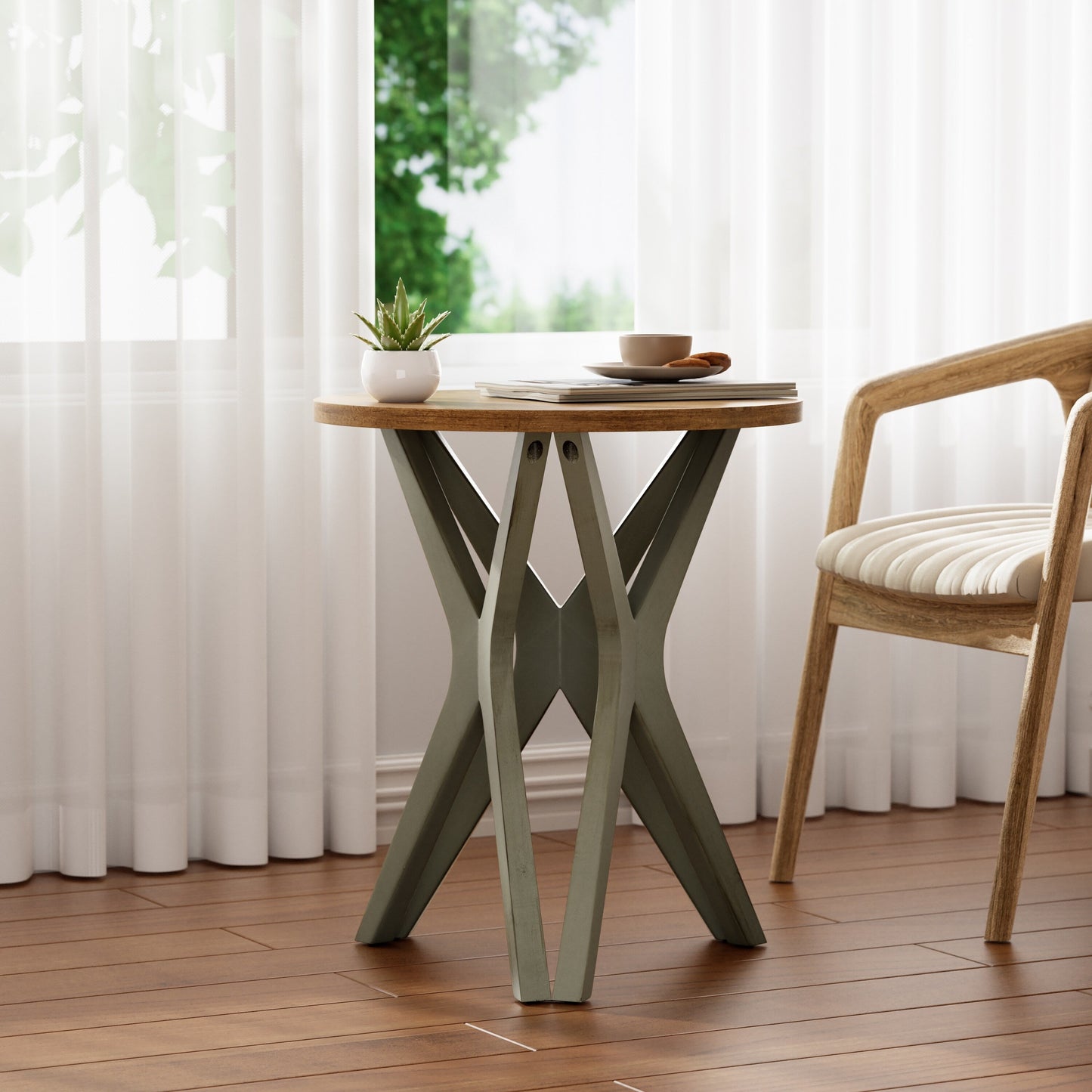 COZAYH Pedestal Farmhouse End Table, Distressed Top with Base for Modern Farmhouse, Boho Decor, Round