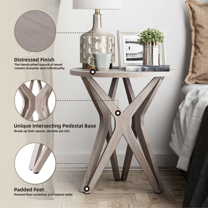 COZAYH Pedestal Farmhouse End Table, Distressed Top with Base for Modern Farmhouse, Boho Decor, Round