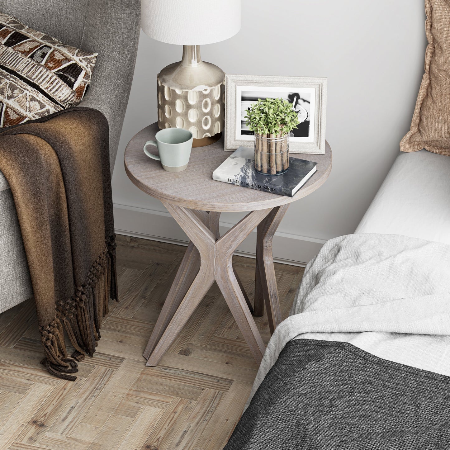 COZAYH Pedestal Farmhouse End Table, Distressed Top with Base for Modern Farmhouse, Boho Decor, Round