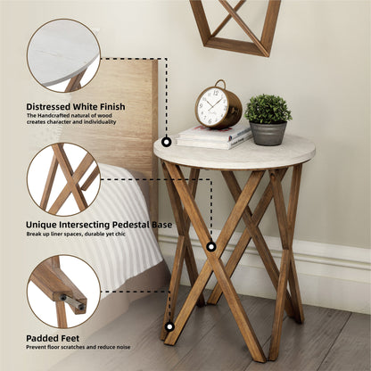 COZAYH Pedestal Farmhouse End Table, Distressed Top with Base for Modern Farmhouse, Boho Decor, Round