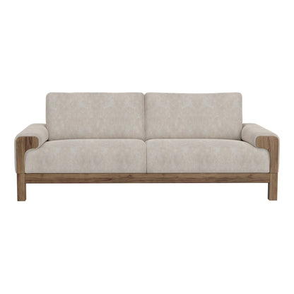 Canapé Caisy, tissu gris, coussins en mousse, bois massif caramel, 236 cm