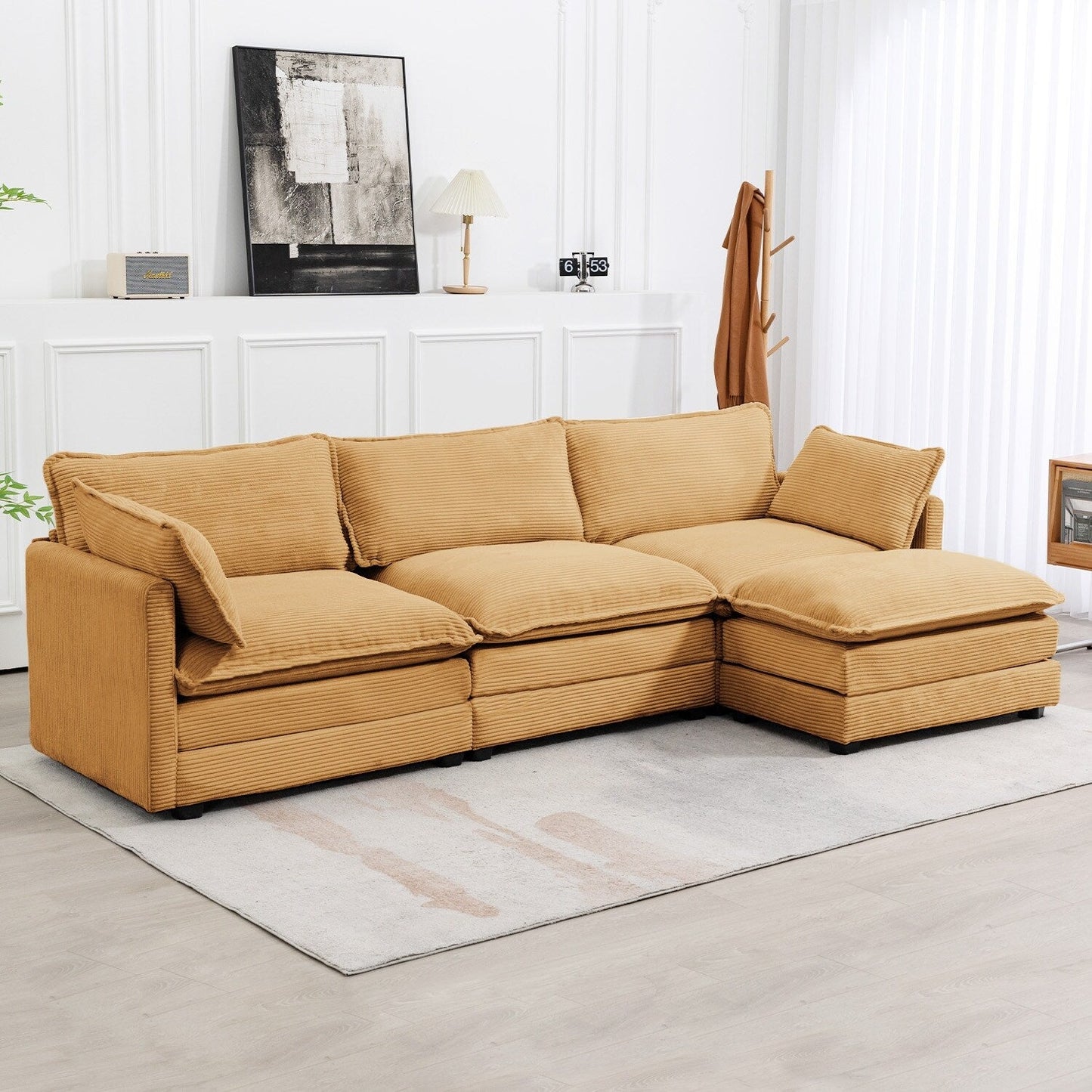 Canapé sectionnel en velours côtelé avec poufs amovibles et coussins ultra-doux pour salon et chambre