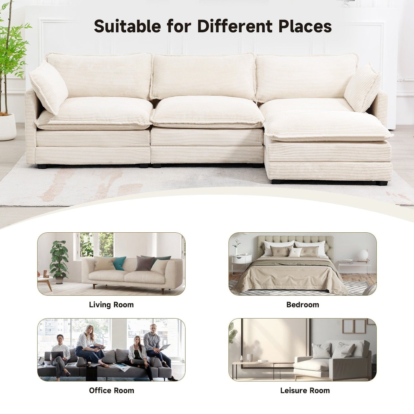 Canapé sectionnel en velours côtelé avec poufs amovibles et coussins ultra-doux pour salon et chambre