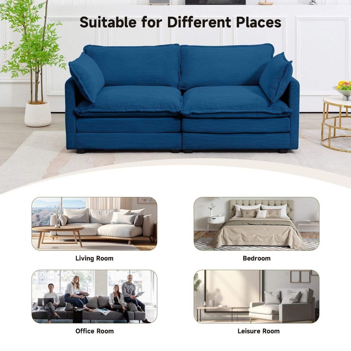 Canapé sectionnel en velours côtelé avec poufs amovibles et coussins ultra-doux pour salon et chambre