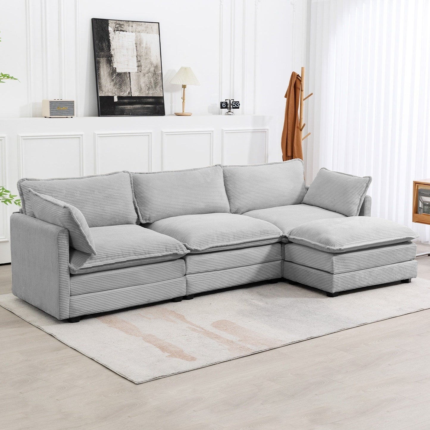 Canapé sectionnel en velours côtelé avec poufs amovibles et coussins ultra-doux pour salon et chambre