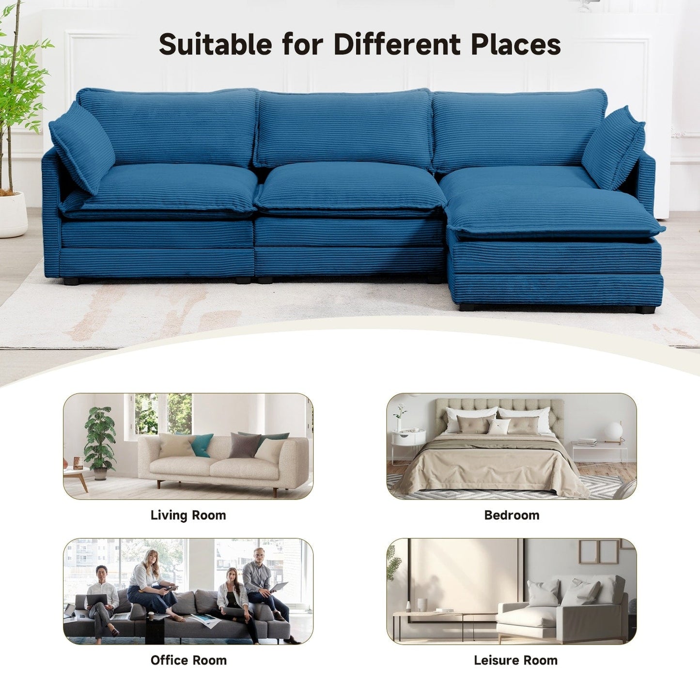 Canapé sectionnel en velours côtelé avec poufs amovibles et coussins ultra-doux pour salon et chambre