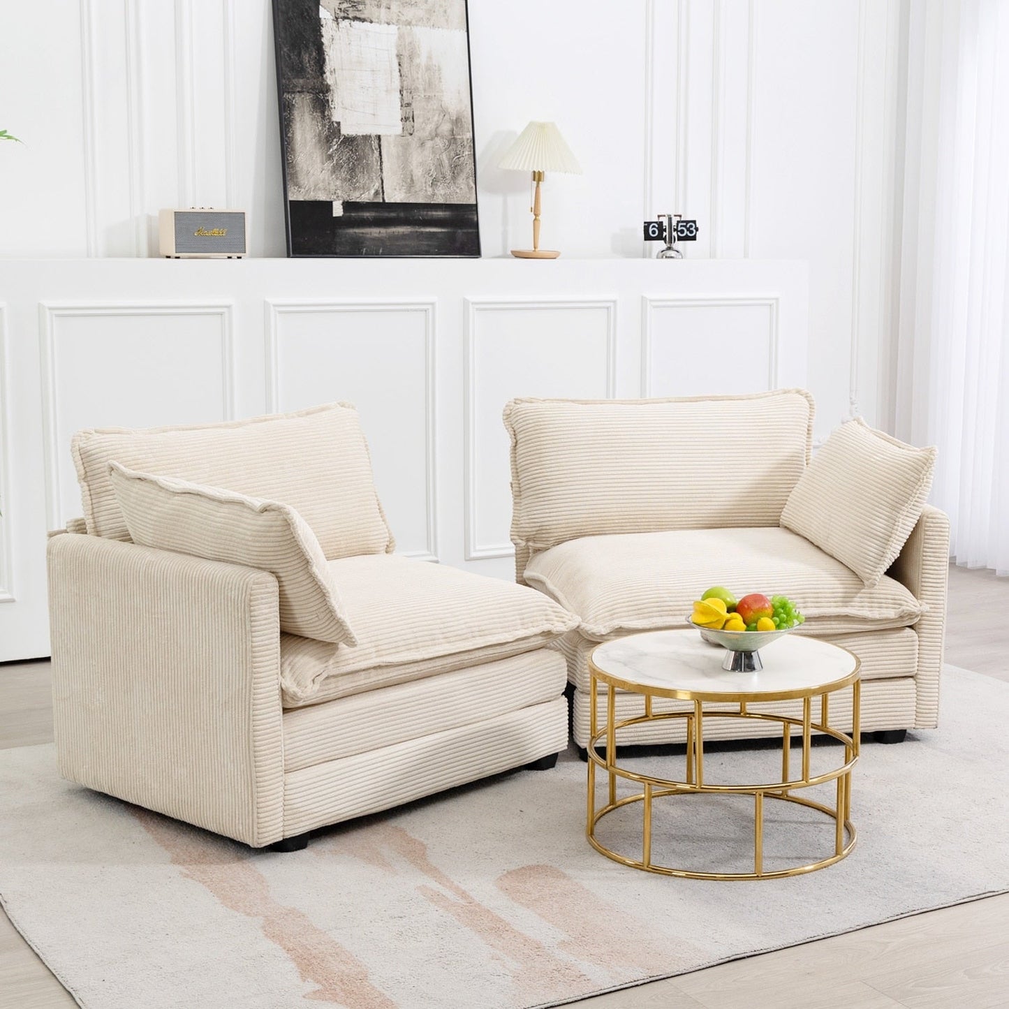 Canapé sectionnel en velours côtelé avec poufs amovibles et coussins ultra-doux pour salon et chambre