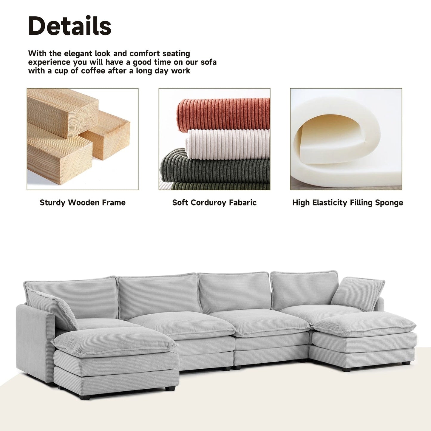 Canapé sectionnel en velours côtelé avec poufs amovibles et coussins ultra-doux pour salon et chambre