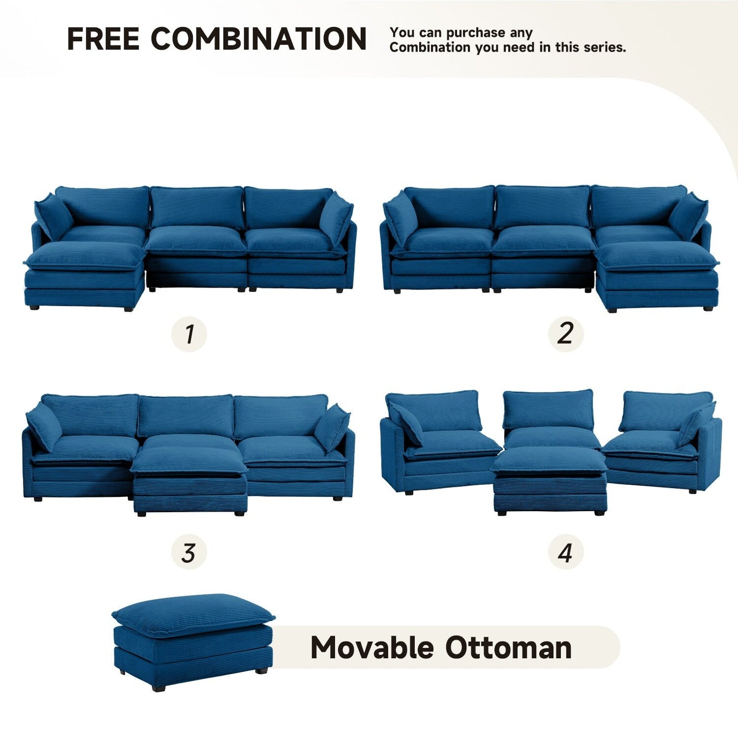 Canapé sectionnel en velours côtelé avec poufs amovibles et coussins ultra-doux pour salon et chambre