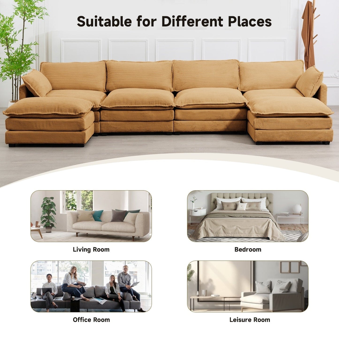Canapé sectionnel en velours côtelé avec poufs amovibles et coussins ultra-doux pour salon et chambre